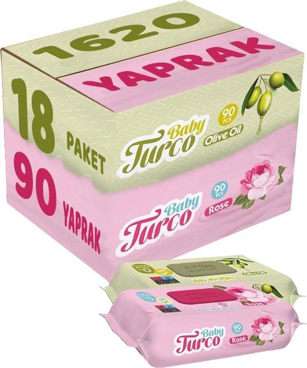 Baby Turco Islak Havlu Mendil 90 Yaprak Karma 18 Li Set (Gül/Zeytinyağı) 1620 Yaprak Plastik Kapaklı - Image 1