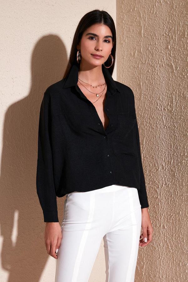 Lela Relaxed Fit Tek Cepli Bayan Gömlek 67040852S4 SİYAH - Image 1