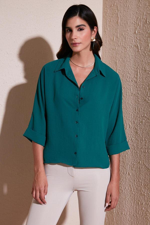 Lela Relaxed Fit Truvakar Kollu Arkası Uzun Bayan Gömlek 67033392S4 ZÜMRÜT - Image 1