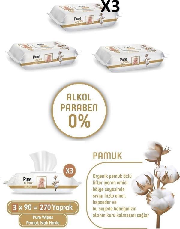 Pure Baby Wet Wipes Organic Cotton Bebek Islak Mendili 90'Lı 3 Paket (90X3) 270 Yaprak - Image 1