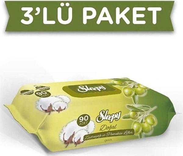 Sleepy Doğal Zeytinyağlı Pamuk Islak Havlu Mendil 3Lü 270 Yaprak - Image 1
