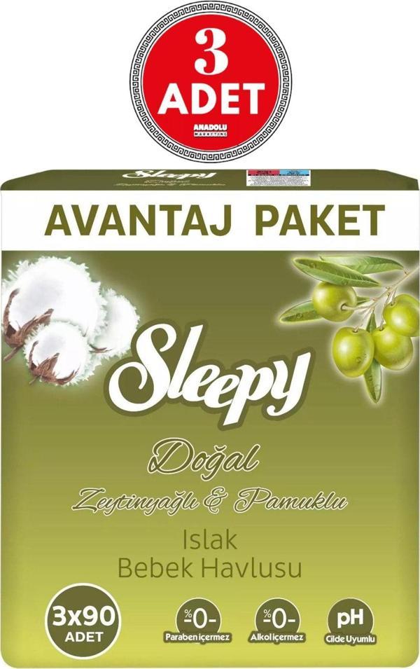 Sleepy Islak Havlu Mendil 3X90 Yaprak Zeytinyağlı Avantaj Paketi Plastik Kapaklı 3 Adet - Image 1
