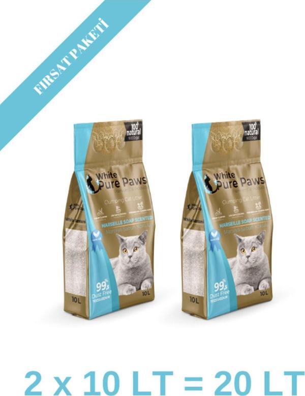White Pure Paws Ince Taneli Marsilya Sabun Kokulu Bentonit Kedi Kumu 10 Litre X 2 Adet - Image 1