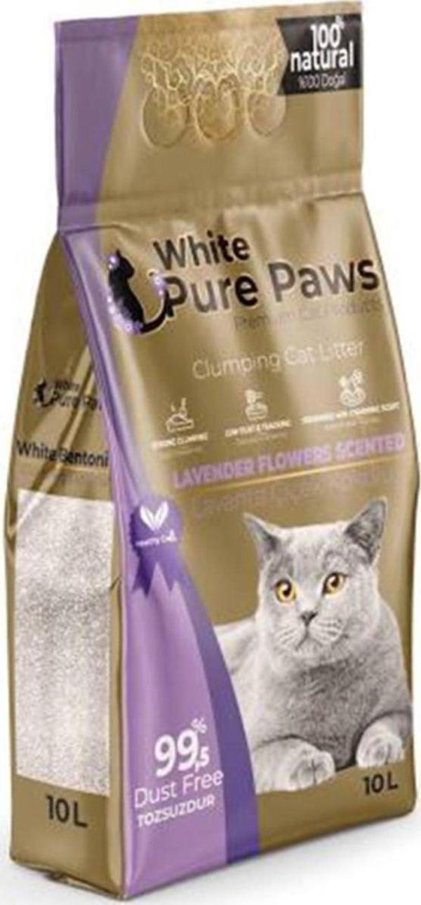 White Pure Paws Kedi Kumu Pure Paws Ince Taneli Lavanta Çiçeği Kokulu Doğal Bentonit 10 Lt - Image 1