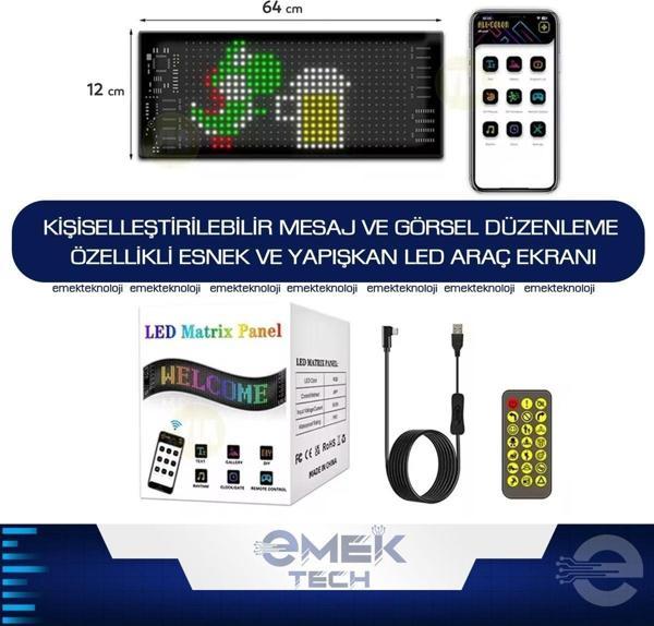 Kişiselleştirilebilir Mesaj ve Görsel Düzenleme Özellikli Esnek ve Yapışkan LED Araç Ekranı 64*12 CM - Image 1