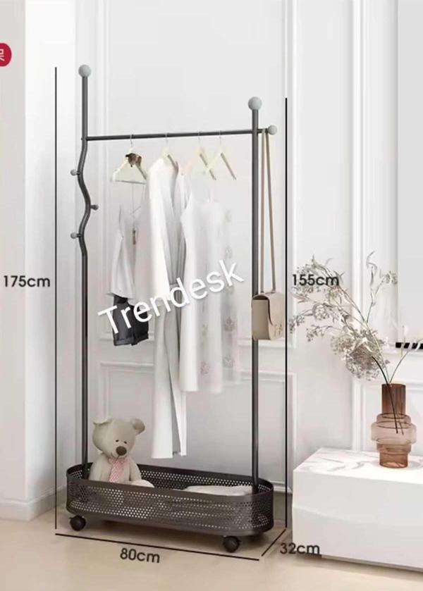 TRENDESK Ayaklı Siyah  Konfeksiyon Askısı Metal  Elbise Askılığı Oval  Sepetli Askılık Tekerlekli 175 Cm 6007 - Image 1