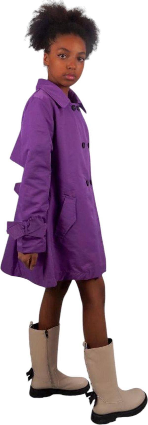 Kız Çocuk Düğme Kapamalı Bel Bilek Detaylı Sırtı Kapaklı Kuşak Detaylı Astarlı Mor Renk Trençkot - Image 1