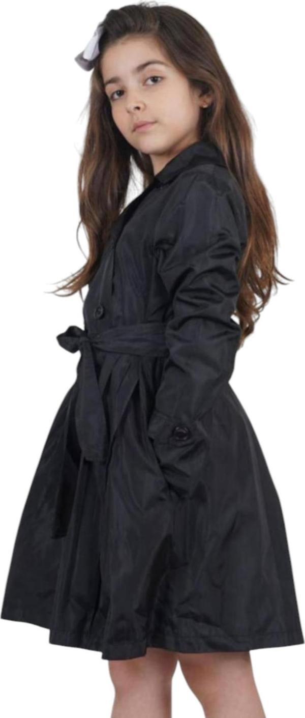 Kız Çocuk Düğme Kapamalı Bilek Detaylı Beli Kuşaklı Astarlı Parlak Siyah Renk Trençkot - Image 1