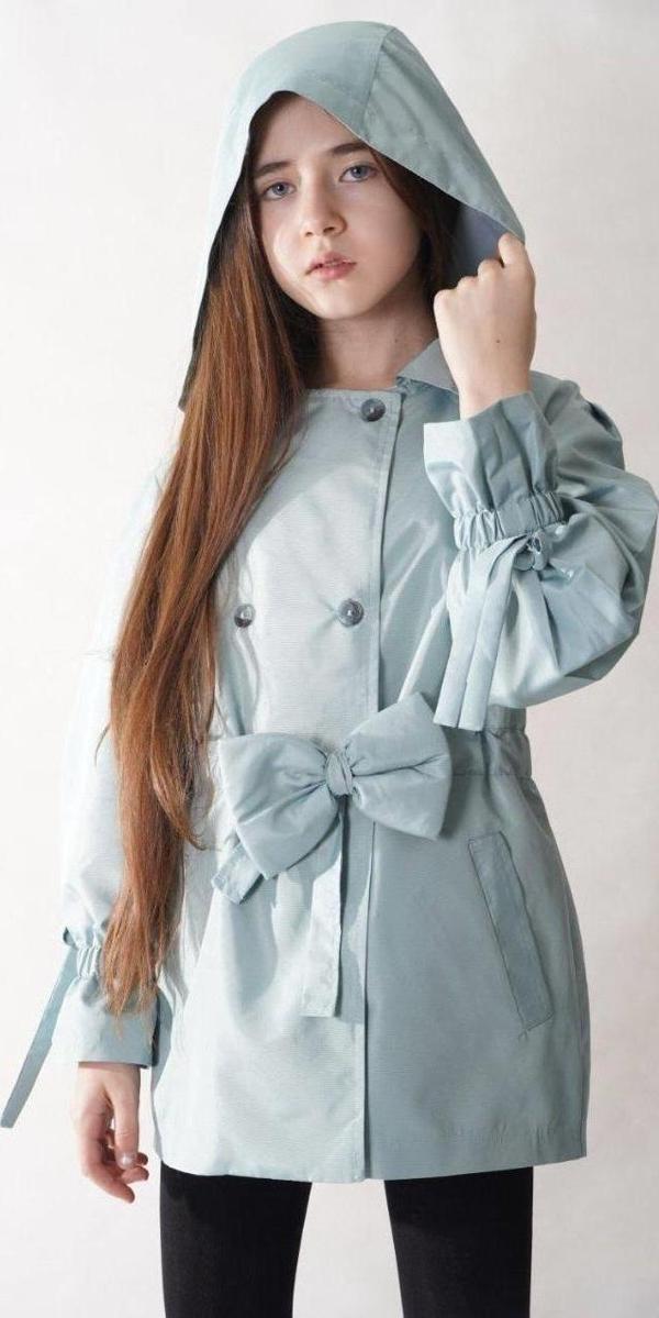 Kız Çocuk Düğme Kapamalı Kapüşonlu Beli Fiyonk Kemerli Cepli İçi Astarlı Mint Yeşili Trençkot - Image 1