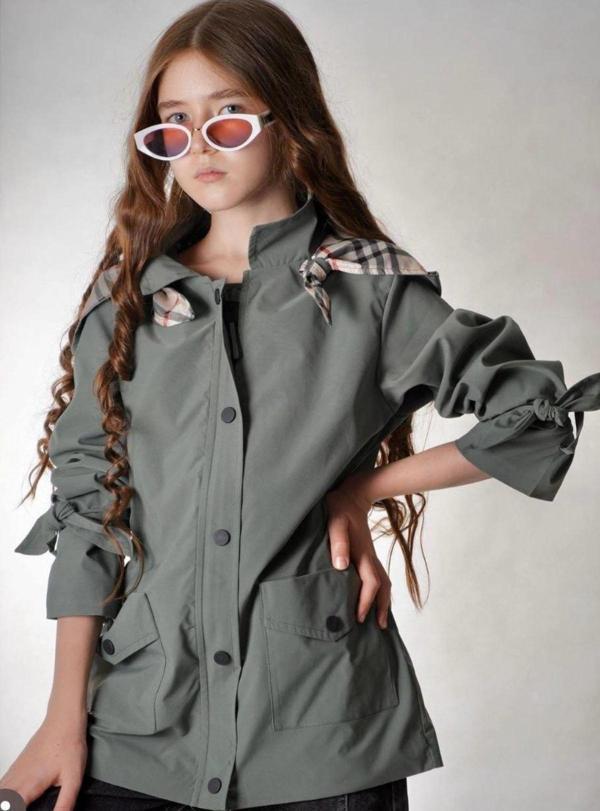 Kız Çocuk Fermuar Kapamalı Kapüşonlu Kolu Bağlamalı Model Cepli İçi Astarlı Haki Renk Trençkot - Image 1