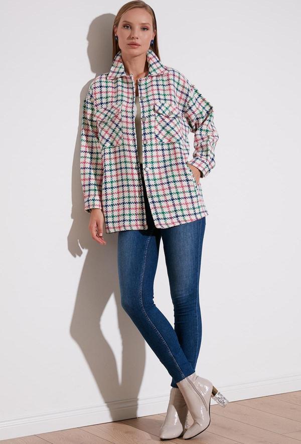 Lela Kareli Regular Fit Düğmeli Bayan Gömlek Ceket 42190497 EKRU - Image 1