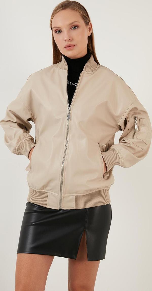 Lela Oversize Kolej Yaka Fermuarlı Suni Bayan Deri Mont 6230116 TAŞ - Image 1