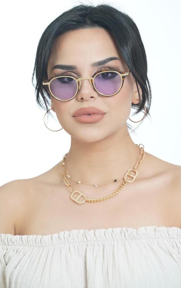 Angel Eyes Kadın Güneş Gözlüğü Oval Gold Leopar Çerçeve Mor Cam - Image 1