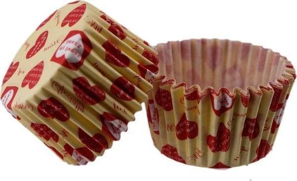 Kek Kalıbı Pet Kapsül 52X45 MM Kağıt Cupcake Kağıdı (100 Adet)  Sarıya Kırmızı Kalpli Yazılı - Image 1