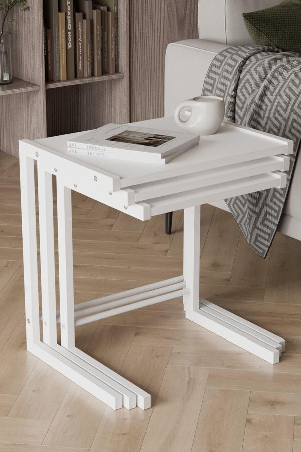 Bohem 3 lü Zigon Sehpa, Metal Zigon Sehpa Beyaz - Image 1