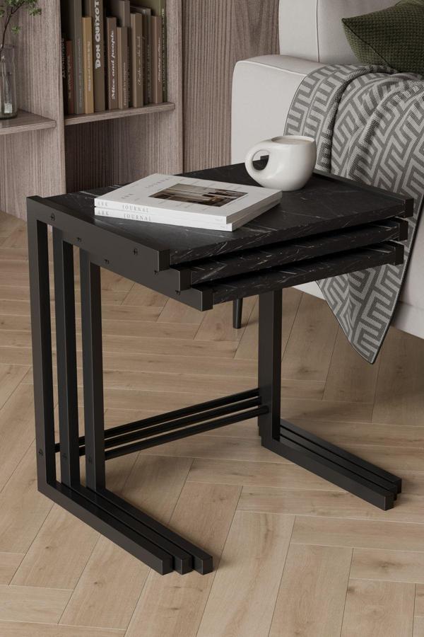Bronte 3 lü Zigon Sehpa, Metal Zigon Sehpa Siyah Mermer - Image 1