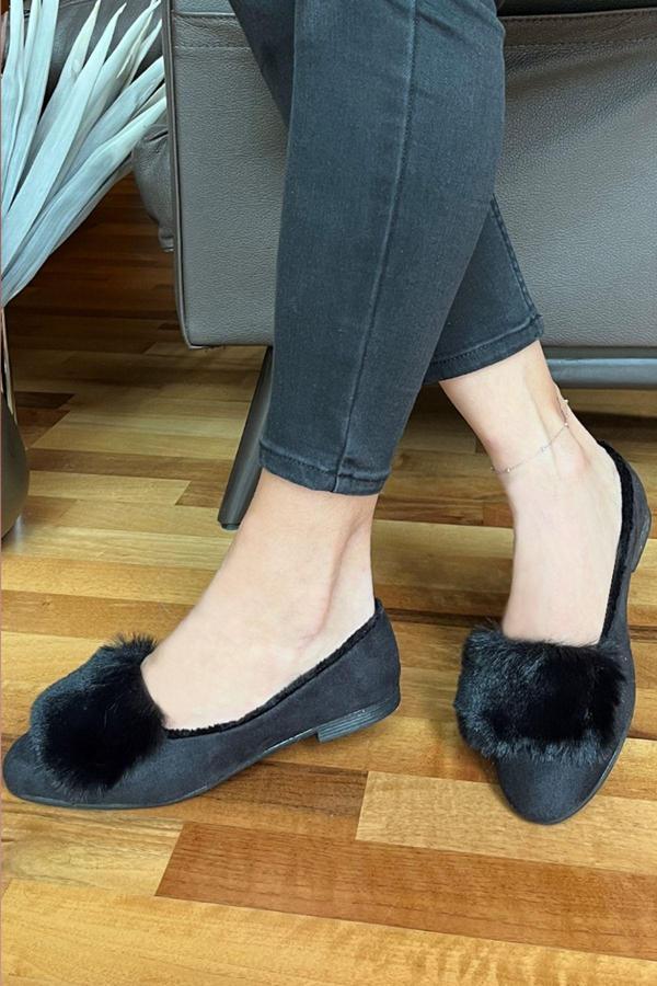 Renklibutik Kürk Detaylı Ev Ayakkabısı Babet - Image 1