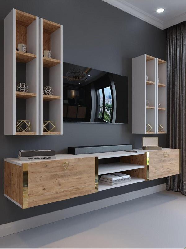 Myniture Home & Living Festival Tv Ünitesi G13001-1-6 Beyaz Atlantik Çam Gold Duvara Monte Tv Sehpası - Image 1