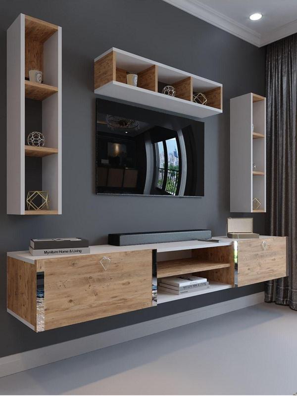 Myniture Home & Living Festival Tv Ünitesi S13006-1-6 Beyaz Atlantik Çam Silver Duvara Monte Tv Sehpası - Image 1