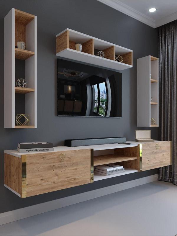 Myniture Home & Living Festival Tv Ünitesi G13006-1-6 Beyaz Atlantik Çam Gold Duvara Monte Tv Sehpası - Image 1