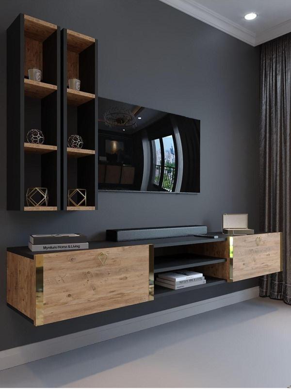 Myniture Home & Living Festival Tv Ünitesi G13000-4-6 Antrasit  A. Çam Gold Duvara Monte Tv Sehpası - Image 1