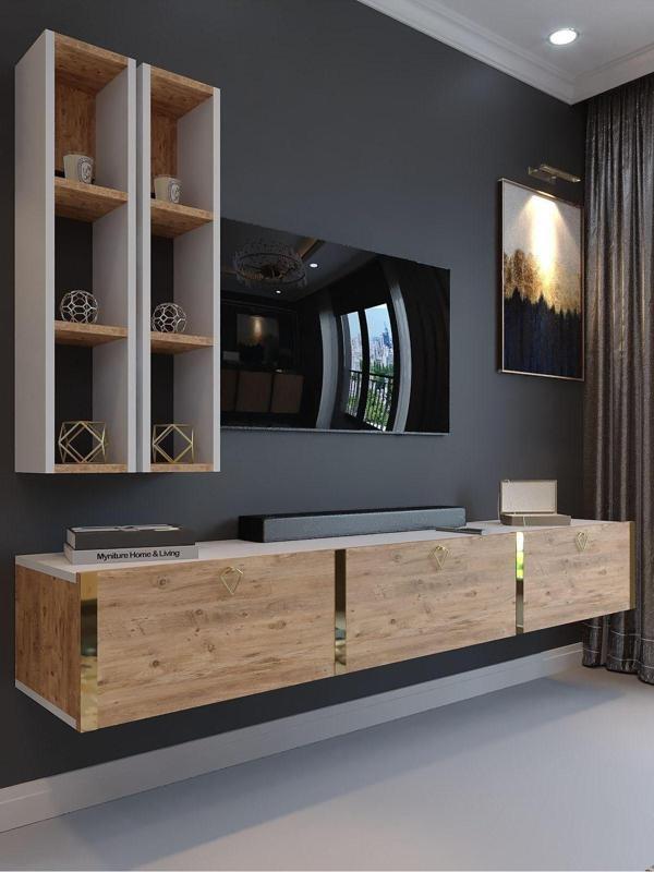 Myniture Home & Living Festival Tv Ünitesi G13003-1-6 Beyaz Atlantik Çam Gold Duvara Monte Tv Sehpası - Image 1