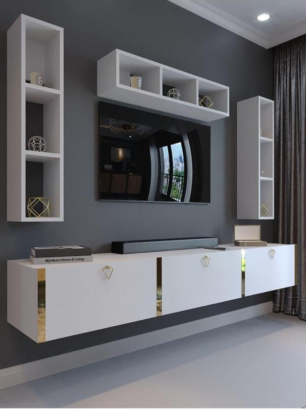 Myniture Home & Living Festival Tv Ünitesi G13007-1 Beyaz Parlak Gold Duvara Monte Tv Sehpası - Image 1