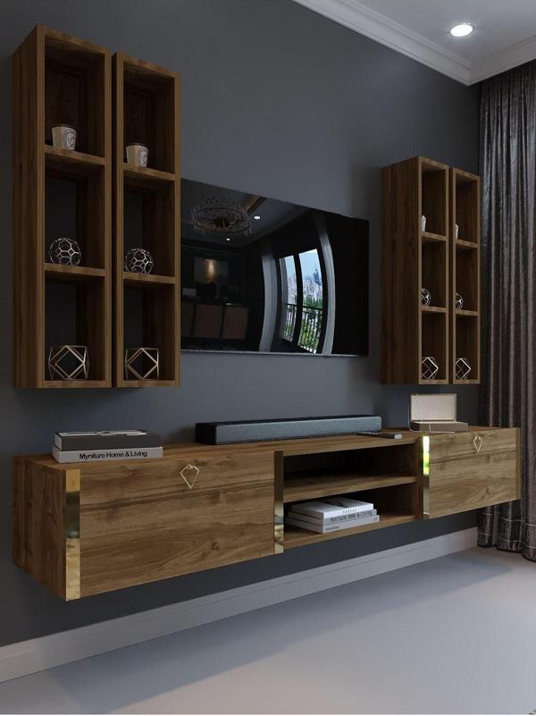 Myniture Home & Living Festival Tv Ünitesi G13000-2 İstanbul Ceviz Gold Duvara Monte Tv Sehpası - Image 1