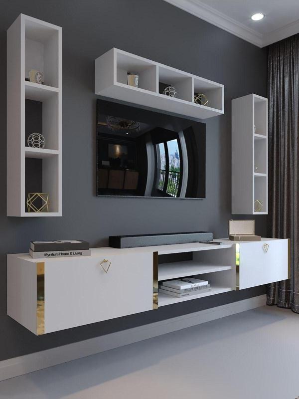 Myniture Home & Living Festival Tv Ünitesi G13006-1 Beyaz Parlak Gold Duvara Monte Tv Sehpası - Image 1