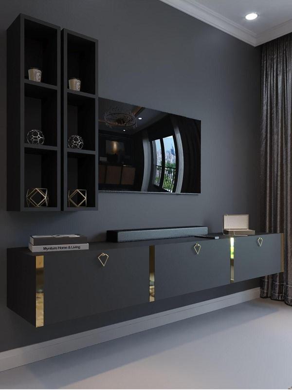 Myniture Home & Living Festival Tv Ünitesi G13003-4 Antrasit Gold Duvara Monte Tv Sehpası - Image 1