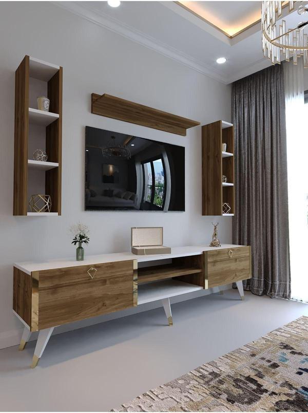 Myniture Home & Living Festival Tv Ünitesi G3009-2-1 Ceviz Beyaz Color Gold Tv Sehpası Ve Duvar Rafı - Image 1