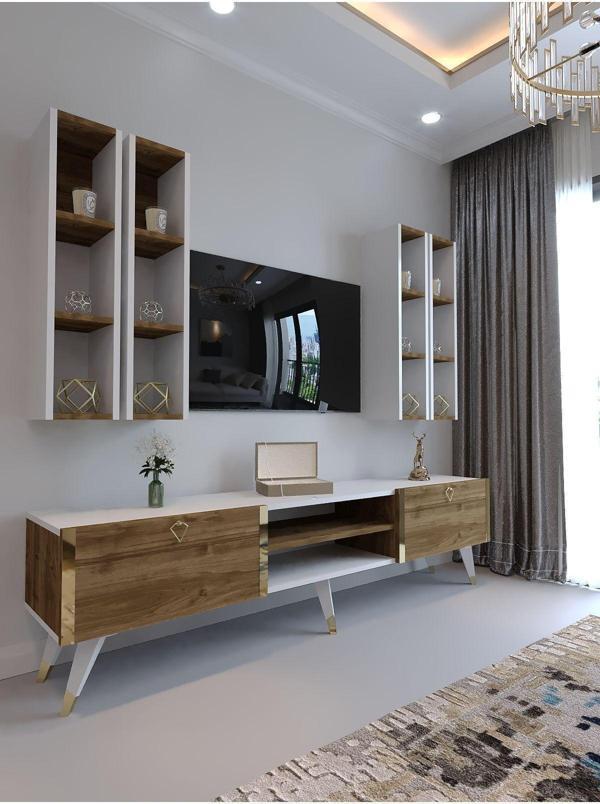 Myniture Home & Living Festival Tv Ünitesi G3001-2-1 Ceviz Beyaz Color Gold Tv Sehpası Ve Duvar Rafı - Image 1