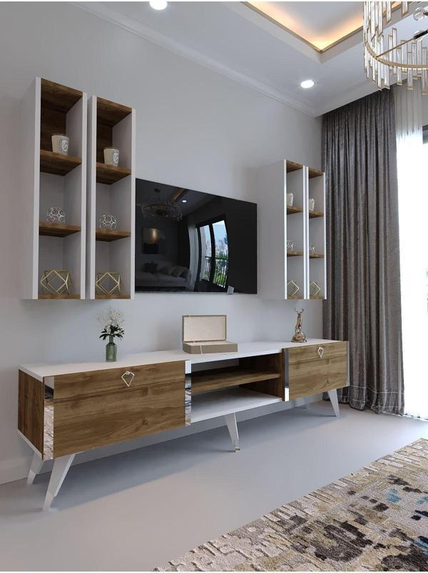 Myniture Home & Living Festival Tv Ünitesi S3001-2-1 Cevi̇z Beyaz  - Color Si̇lver Tv Sehpası Ve Duvar Rafı - Image 1