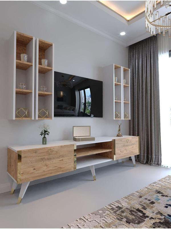 Myniture Home & Living Tv Ünitesi G3001-6-1 Beyaz Atlanti̇k Tv Sehpası Ve Duvar Rafı - Image 1