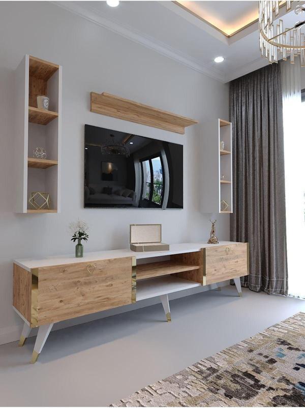 Myniture Home & Living Festival Tv Ünitesi G3009-6-1 Beyaz Atlanti̇k Si̇lver Color Tv Sehpası Ve Duvar Rafı - Image 1
