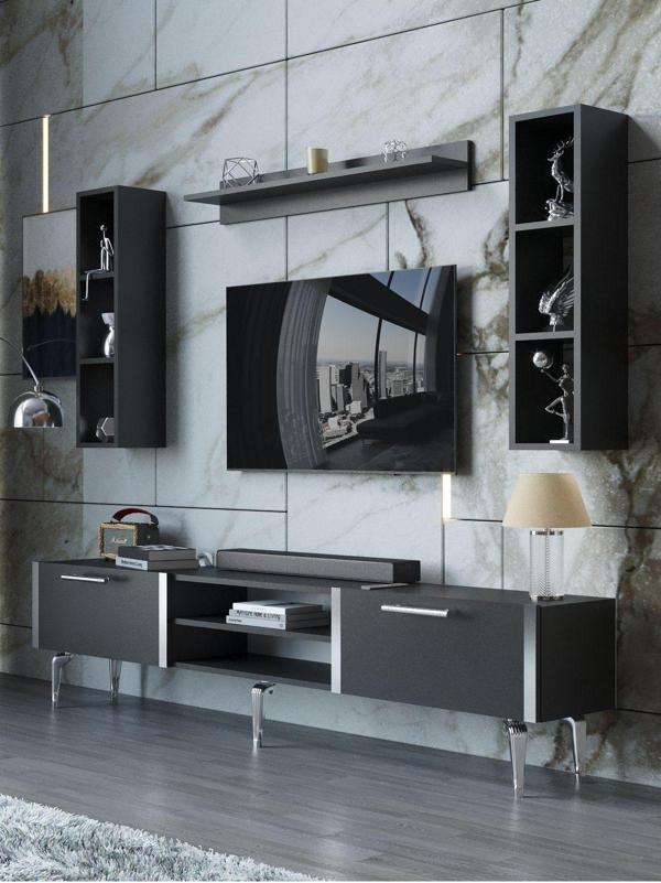 Myniture Home & Living Festival Tv Ünitesi S3009-4-Y1-D1 Silver Antasit - Image 1