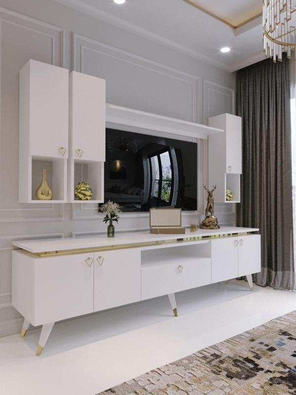 Myniture Home & Living Modern Tv Sehpası Gold Üçgen Kulp Kepli G9024-1-1 Beyaz 35 Cm Derinlik - Image 1