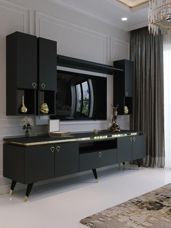 Myniture Home & Living Modern Tv Sehpası Gold Üçgen Kulp Kepli G9024-4 Antrasit 35 Cm Derinlik - Image 1