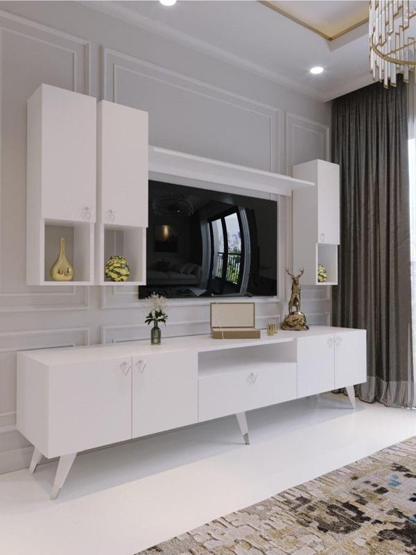 Myniture Home & Living Modern Tv Sehpası Silver Gümüş Üçgen Kulp Kepli S8024-1-1 Beyaz - Image 1