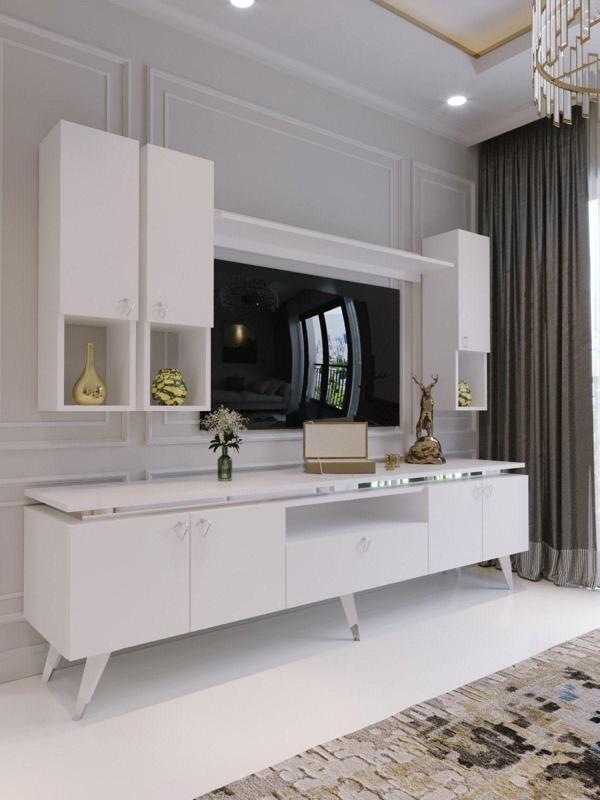 Myniture Home & Living Modern Tv Sehpası Gold Üçgen Kulp Kepli S9024-1-1 Beyaz 35 Cm Derinlik - Image 1