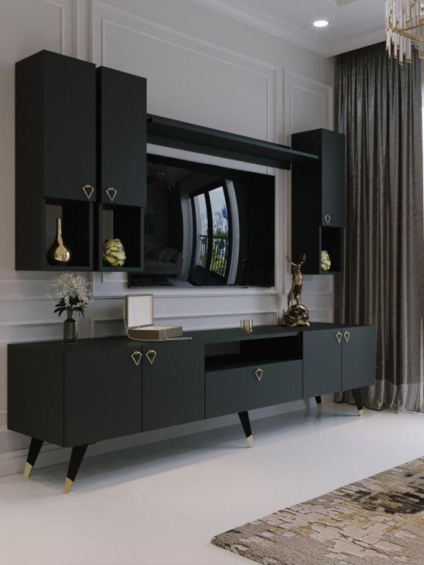 Myniture Home & Living Modern Tv Sehpası Gold Üçgen Kulp Kepli G8024-4 Antrasit - Image 1