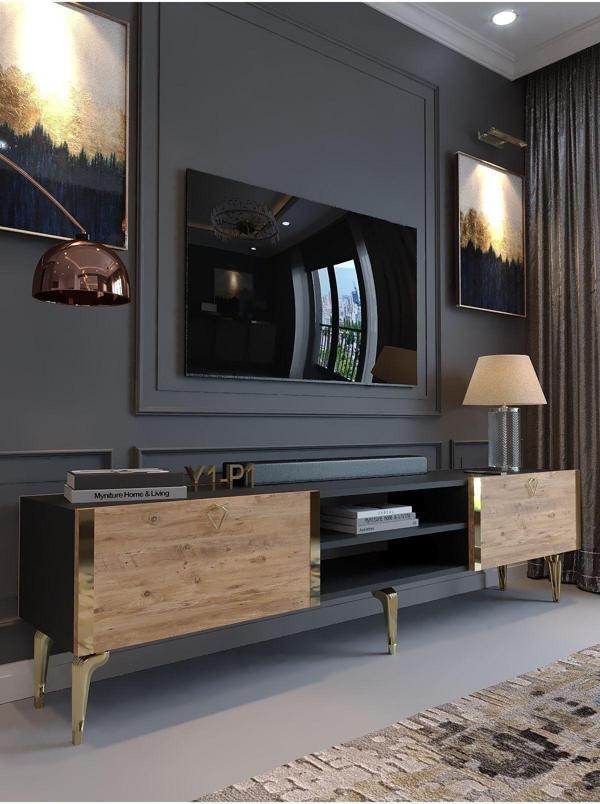 Myniture Home & Living Festival Tv Sehpası G3830-4-6-Y1-P1 Ant. Çam Gold Metal Kulp - Image 1