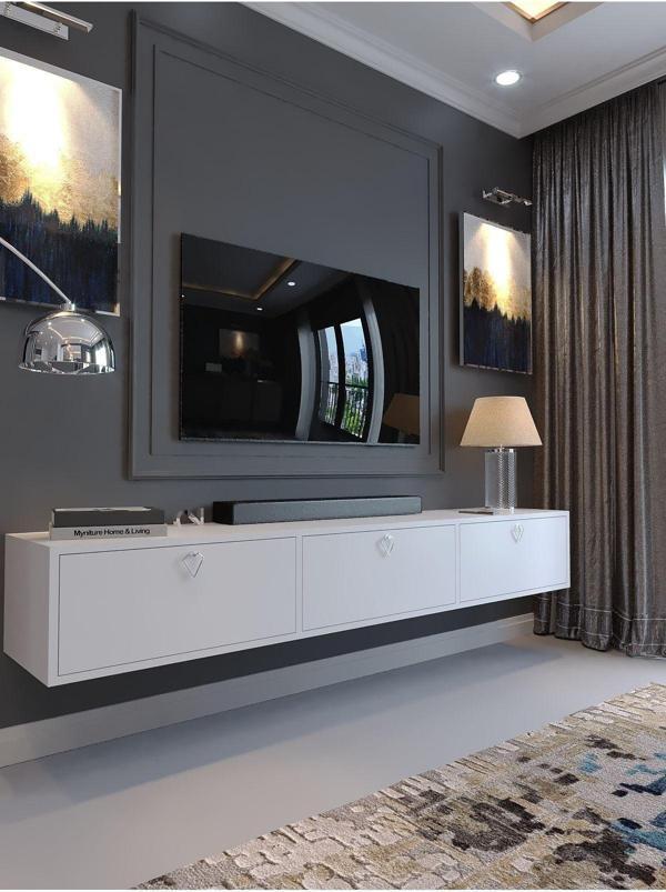Myniture Home & Living Festival Tv Sehpası Dv-1001-P1-1 Silver Kulp Beyaz Parlak Minifiks Bağlantı Duvara Monte - Image 1