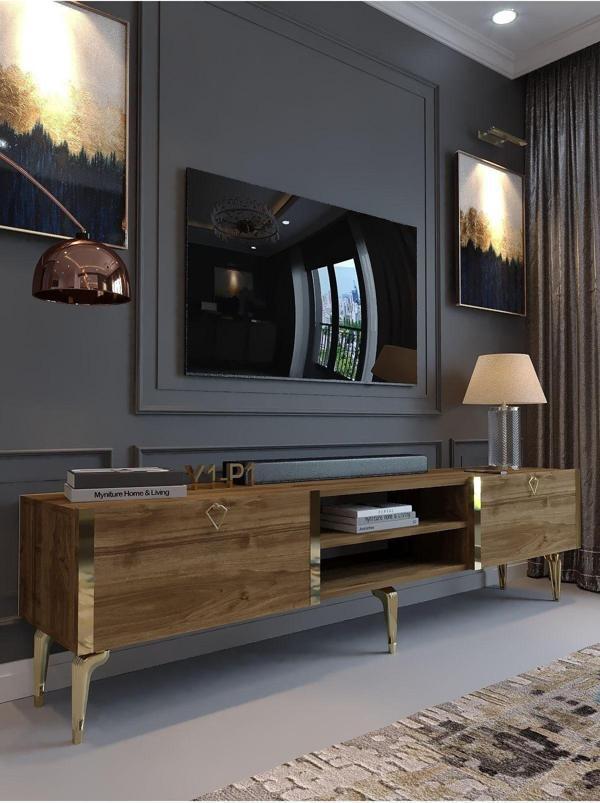 Myniture Home & Living Festival Tv Sehpası G3830-2-Y1-P1 Ceviz Gold Metal Kulp - Image 1