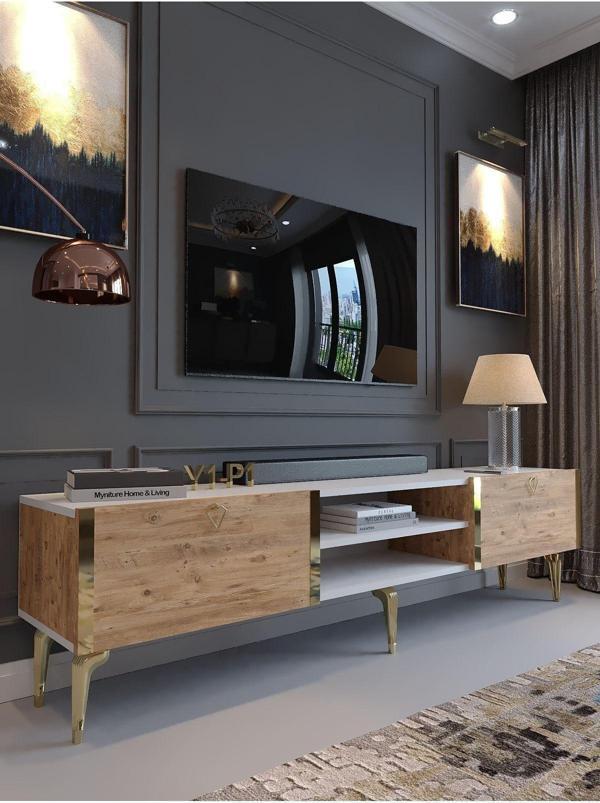Myniture Home & Living Festival Tv Sehpası G3830-1-6-Y1-P1 Beyaz Çam Gold Metal Kulp - Image 1
