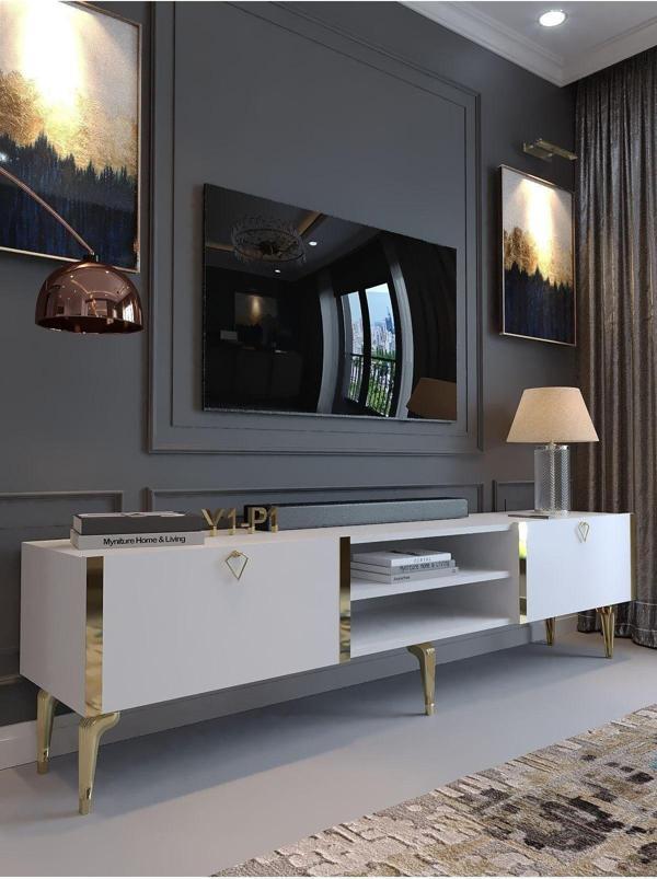 Myniture Home & Living Festival Tv Sehpası G3830-1-Y1-P1 Beyaz Gold Metal Kulp - Image 1