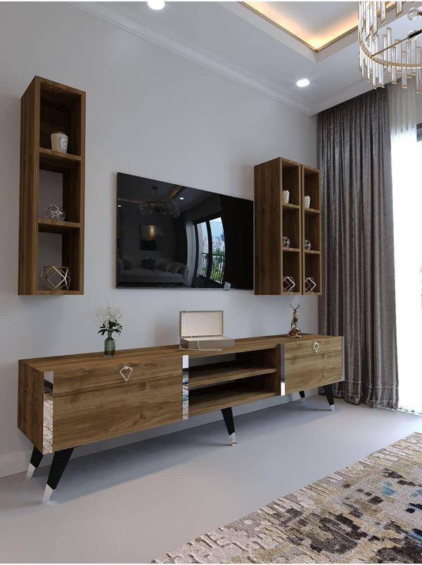 Myniture Home & Living Festival  S3006-2 Cevi̇z - Color Silver Detaylı Minifiks Bağlantı Tv Sehpası Ve Duvar Rafı - Image 1