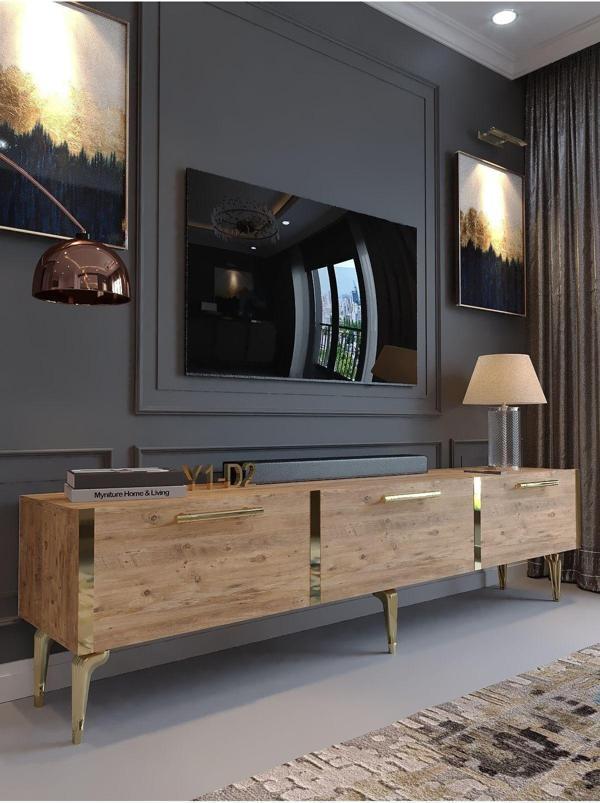 Myniture Home & Living Festival Tv Sehpası G3817-6-Y1-D2 Çam Gold Metal Kulp - Image 1