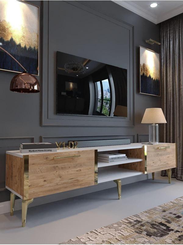 Myniture Home & Living Festival Tv Sehpası G3830-1-6-Y1-D2 Beyaz Çam Gold Metal Kulp - Image 1