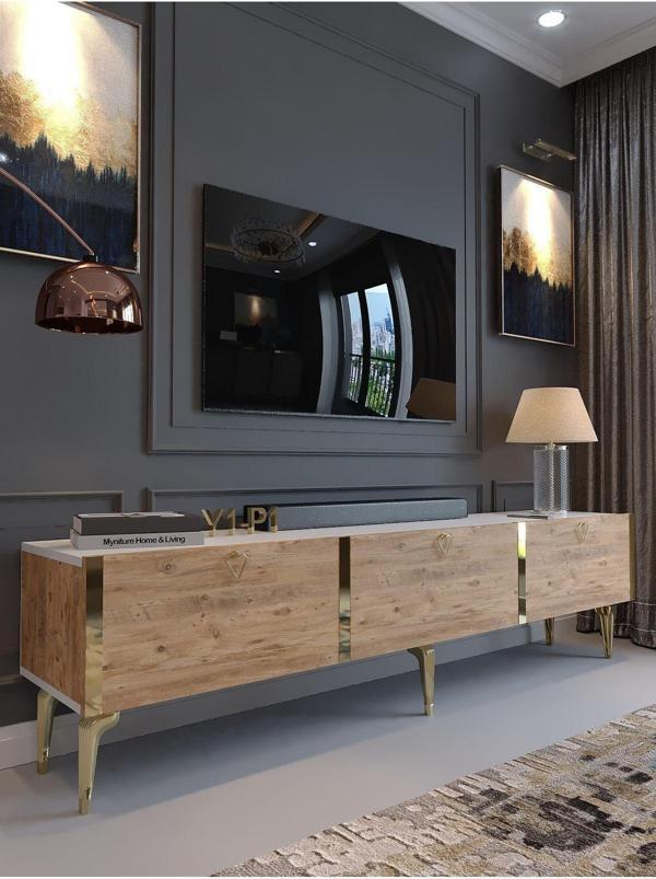 Myniture Home & Living Festival Tv Sehpası G3817-1-6-Y1-P1 Beyaz Çam Gold Metal Kulp - Image 1